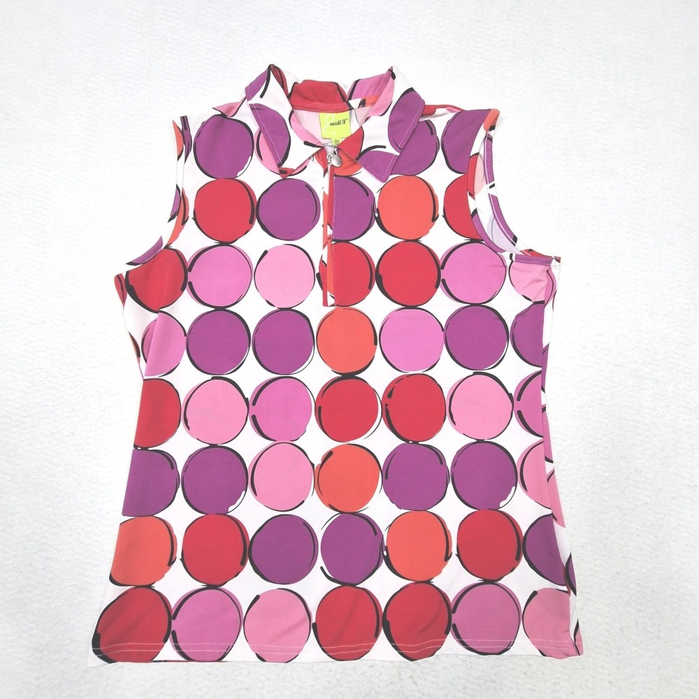 Emerald 18 Polo Shirt Womens XL Pink Polka Dot Sleeveless Quarter Zip Golf Top
